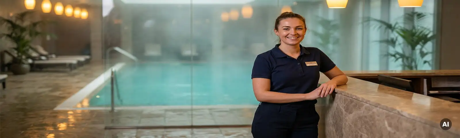 Wellness-Mitarbeiterin in weißer Uniform am Empfangstresen eines Hallenbads mit dampfendem türkisfarbenem Wasser im Hintergrund.
