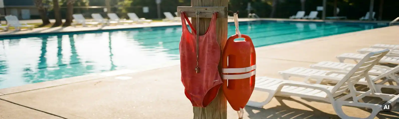 Roter Badeanzug mit Pfeife und Rettungsrohr an einem Haken am leeren, sonnenbeschienenen Freibad.