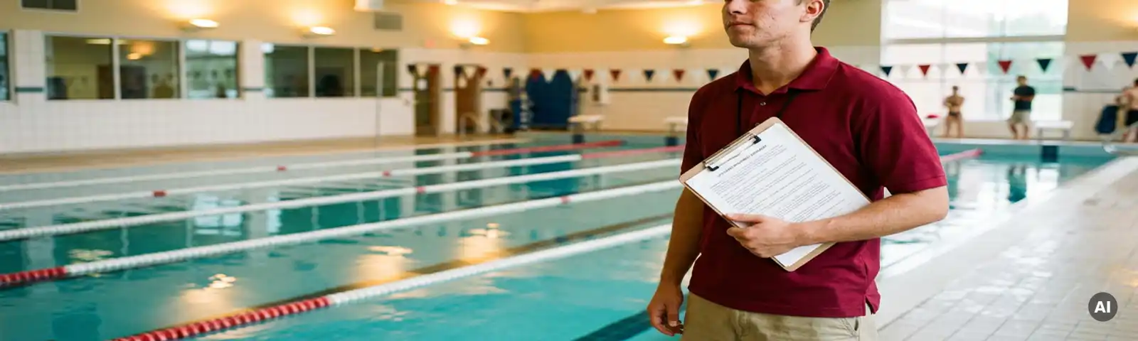 Rettungsschwimmer in roter Uniform prüft Dokument auf Klemmbrett am Beckenrand eines Indoor-Schwimmbads.