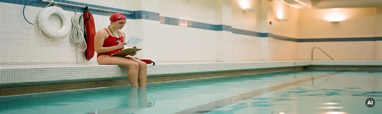 Rettungsschwimmer in roter Badebekleidung prüft Sicherheitscheckliste am Rand eines Hallenbades, Rettungsausrüstung an der Wand.