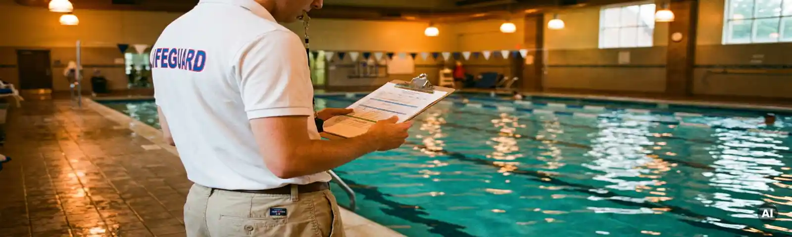 Rettungsschwimmer in Uniform prüft Dienstplan auf Klemmbrett am Rand eines Hallenbades mit türkisfarbenem Wasser.