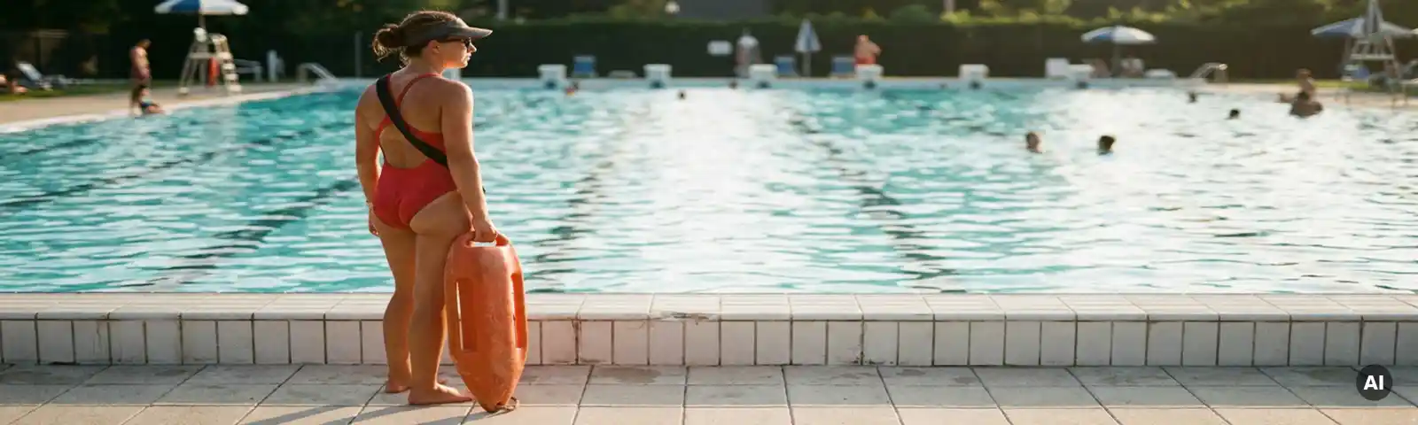 Rettungsschwimmer im roten Badeanzug am Beckenrand eines öffentlichen Freibades mit Rettungsring, der das Wasser beobachtet.
