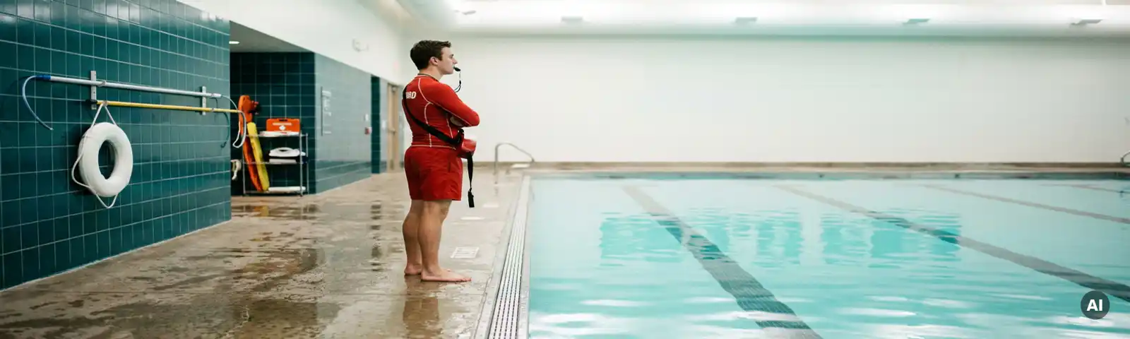 Rettungsschwimmer in roter Badebekleidung überwacht ruhiges Hallenbad, Rettungsausrüstung an türkisfarbener Kachelwand befestigt.