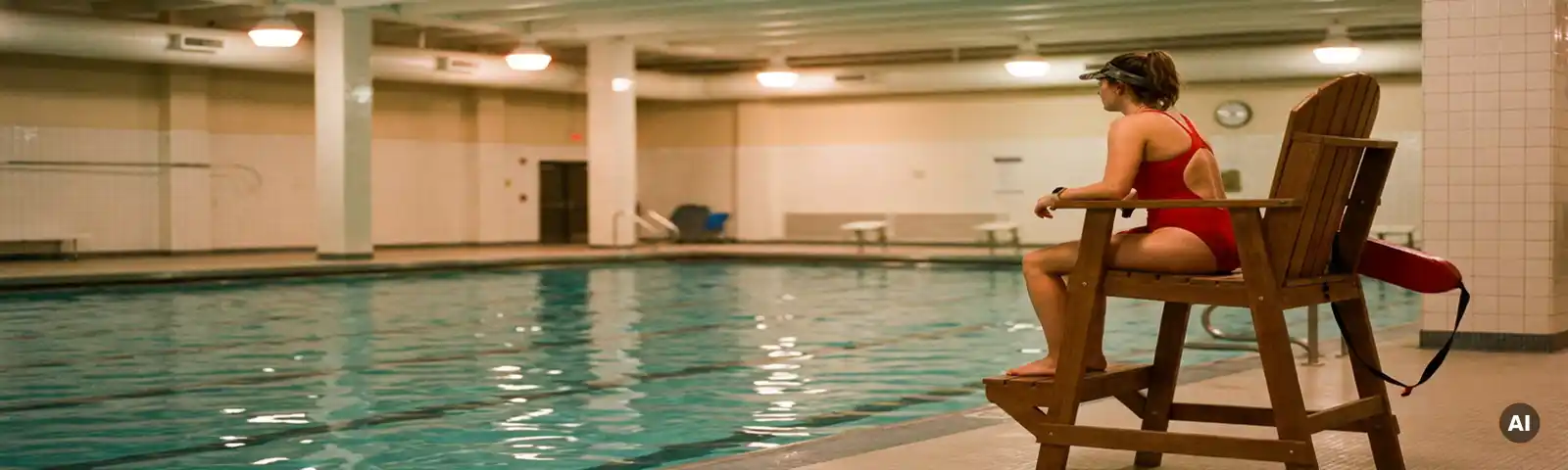 Rettungsschwimmerin in rotem Badeanzug auf erhöhtem Beobachtungsstuhl überwacht ein ruhiges Hallenbad mit türkisfarbenem Wasser.