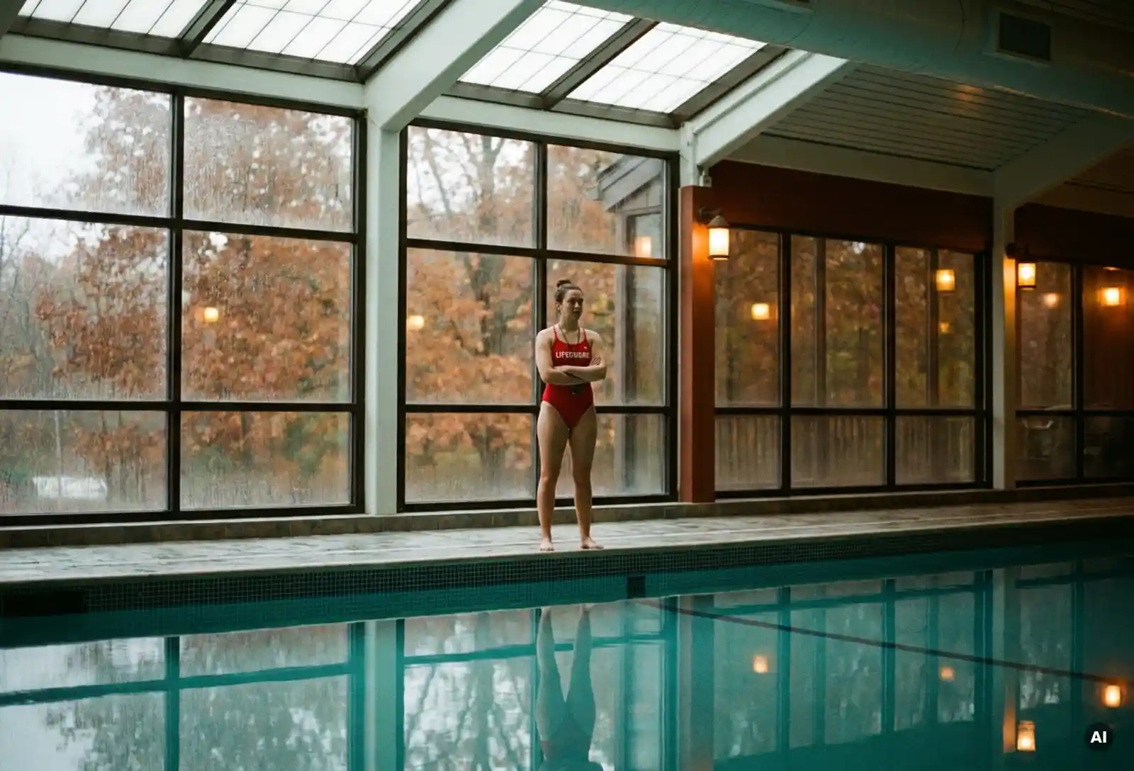 Rettungsschwimmerin in roter Badebekleidung am Rand eines Hallenbades, Herbstblätter hinter regennassen Fenstern sichtbar.