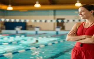 Selbstbewusste Rettungsschwimmerin in rotem Badeanzug am Beckenrand einer Hallenschwimmhalle mit türkisfarbenem Wasser.