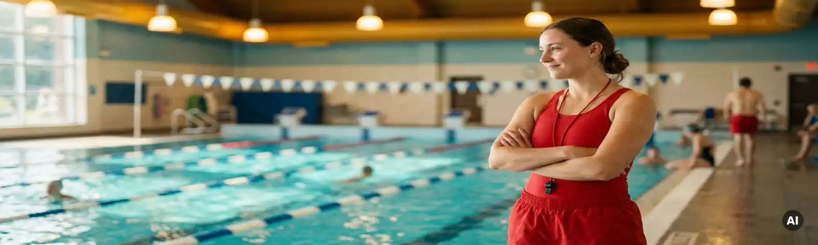 Selbstbewusste Rettungsschwimmerin in rotem Badeanzug am Beckenrand einer Hallenschwimmhalle mit türkisfarbenem Wasser.