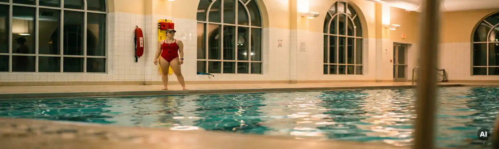 Rettungsschwimmerin in roter Uniform überwacht aufmerksam das türkisfarbene Wasser einer Hallenbad-Anlage, Rettungsausrüstung im Hintergrund.