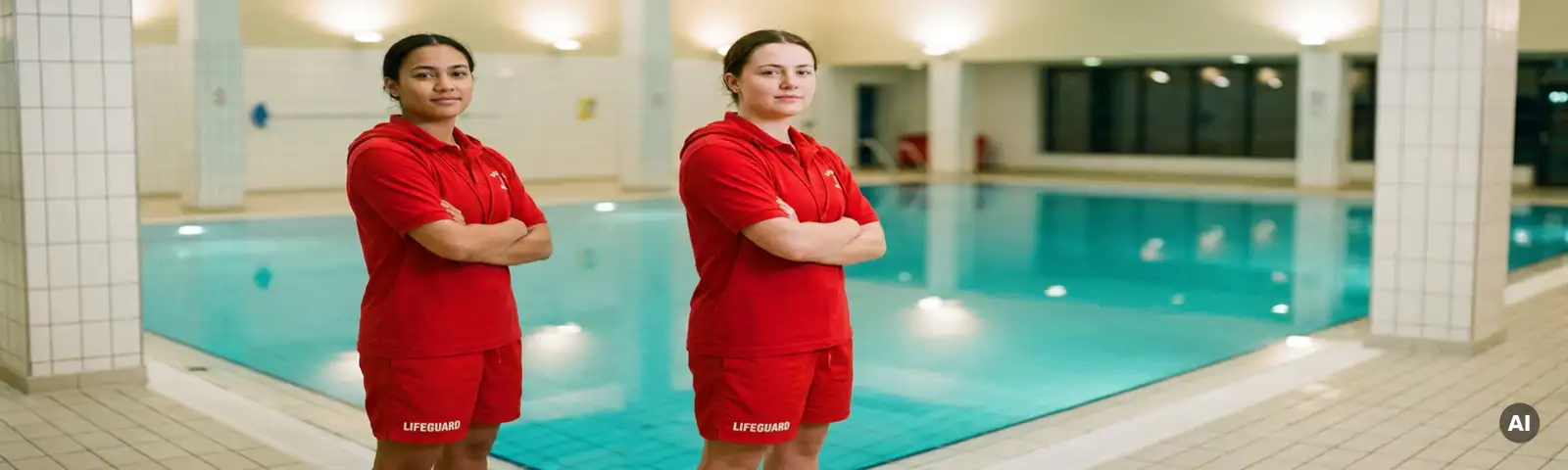 Selbstbewusste Rettungsschwimmerin in rotem Badeanzug am Beckenrand einer Hallenbad-Anlage mit türkisfarbenem Wasser.