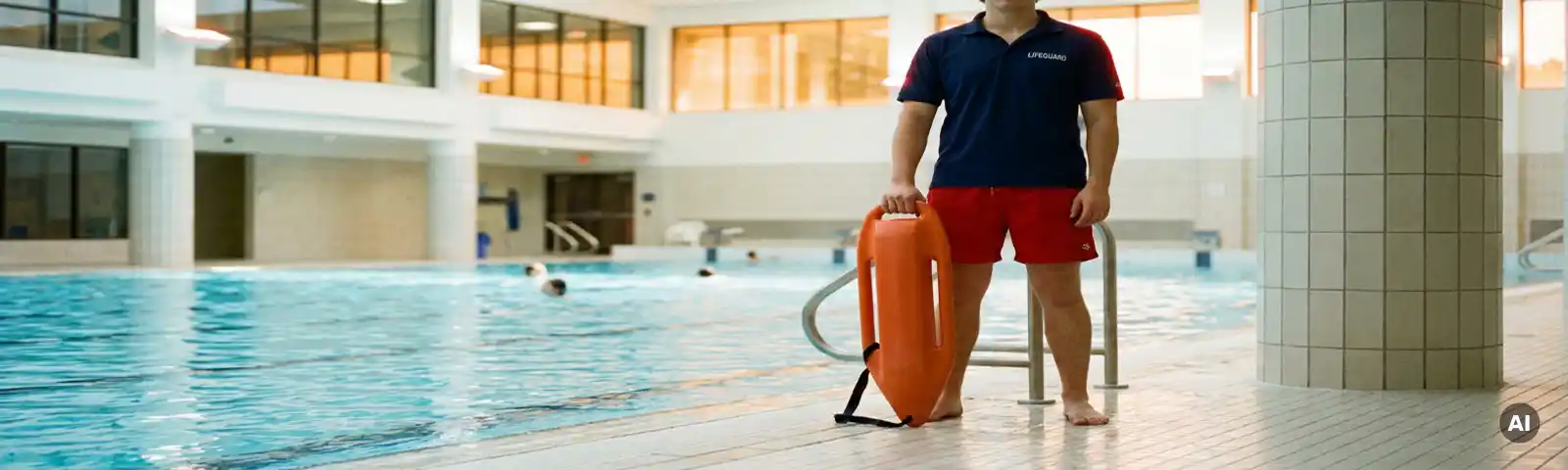 Zertifizierter Rettungsschwimmer in Uniform am Beckenrand einer Hallenbad-Anlage, Hand auf Rettungstube, türkisblaues Wasser im Hintergrund.