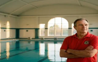 Rettungsschwimmer in roter Uniform am Rand eines Hallenbades, wacht über türkisfarbenes Wasser im warmen Sonnenlicht.