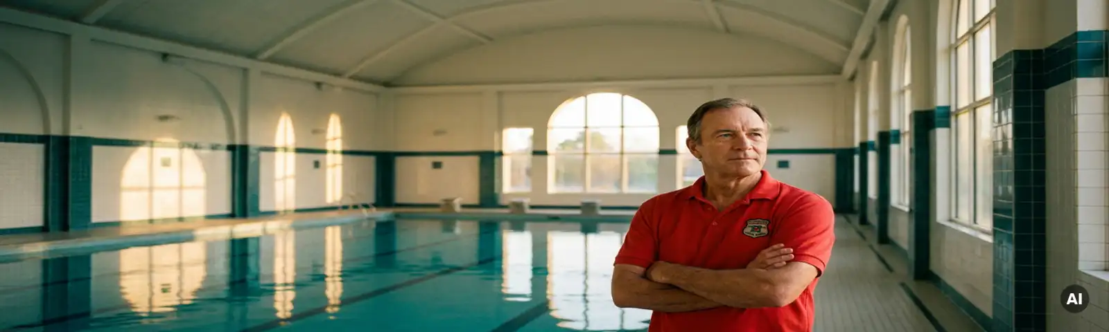 Rettungsschwimmer in roter Uniform am Rand eines Hallenbades, wacht über türkisfarbenes Wasser im warmen Sonnenlicht.