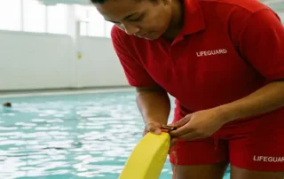 Rettungsschwimmer in roter Uniform prüft Rettungsring am Beckenrand eines Hallenbades mit türkisfarbenem Wasser.