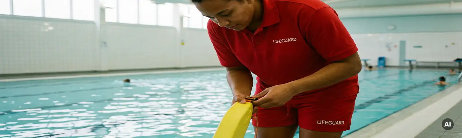 Rettungsschwimmer in roter Uniform prüft Rettungsring am Beckenrand eines Hallenbades mit türkisfarbenem Wasser.