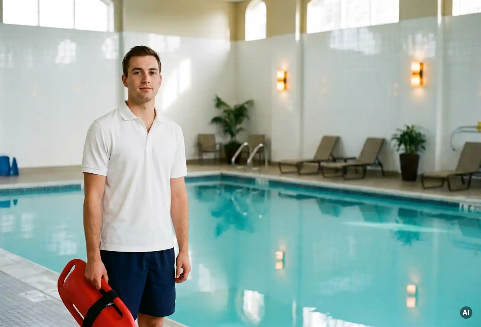 Zertifizierter Rettungsschwimmer in weißer Uniform am Rand eines Hallenbades, Rettungsring in der Hand, türkisfarbenes Wasser im Hintergrund.