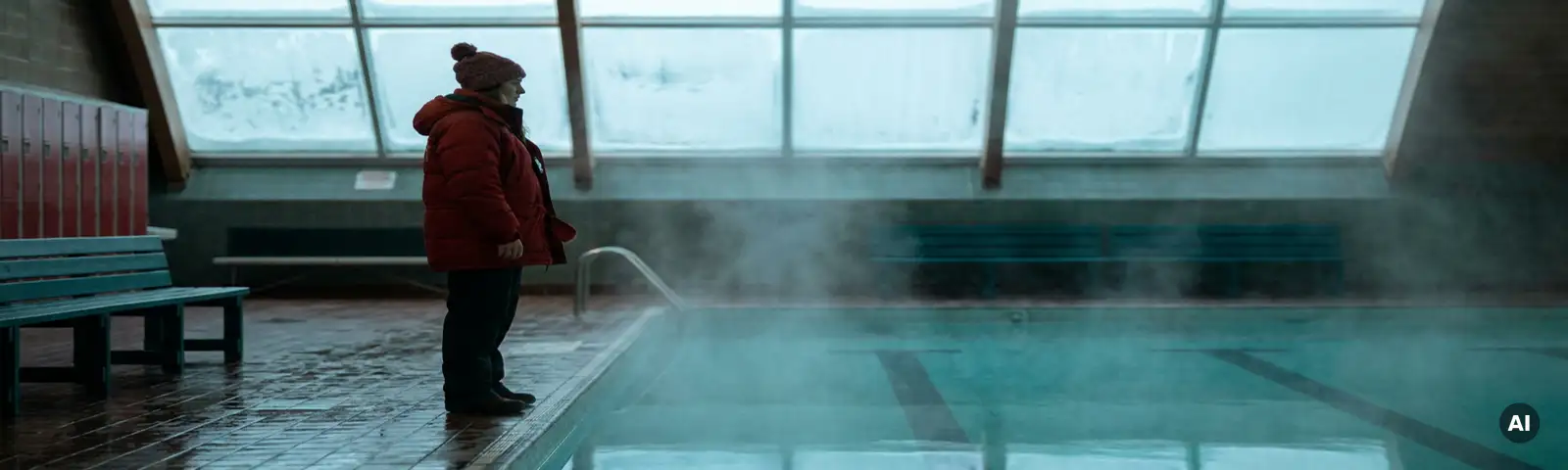 Bademeister in roter Winterjacke bewacht leeres Hallenbad mit dampfendem Wasser und frostbedeckten Oberlichtern im Winter.