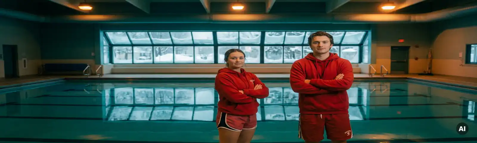 Zertifizierter Bademeister in roter Uniform steht an einem Hallenbad mit türkisfarbenem Wasser und vereisten Dachfenstern im Winter.