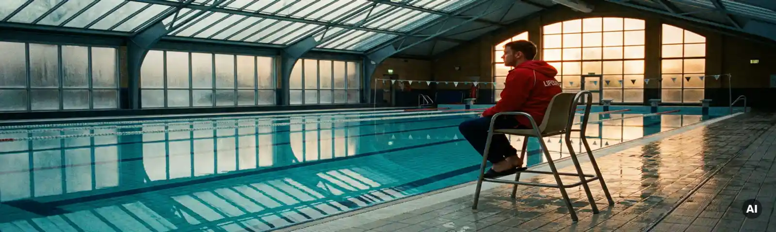 Rettungsschwimmerin in rotem Badeanzug überwacht leeres Hallenbad mit türkisblauem Wasser und Glasdecke im Winter.