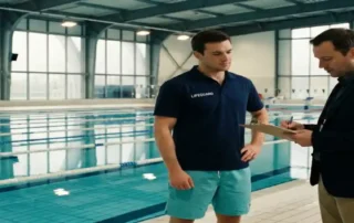 Rettungsschwimmer in Uniform wird von Prüfer mit Klemmbrett am Beckenrand eines olympischen Schwimmbads bewertet.