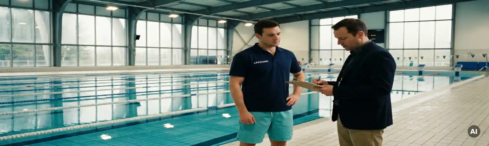 Rettungsschwimmer in Uniform wird von Prüfer mit Klemmbrett am Beckenrand eines olympischen Schwimmbads bewertet.