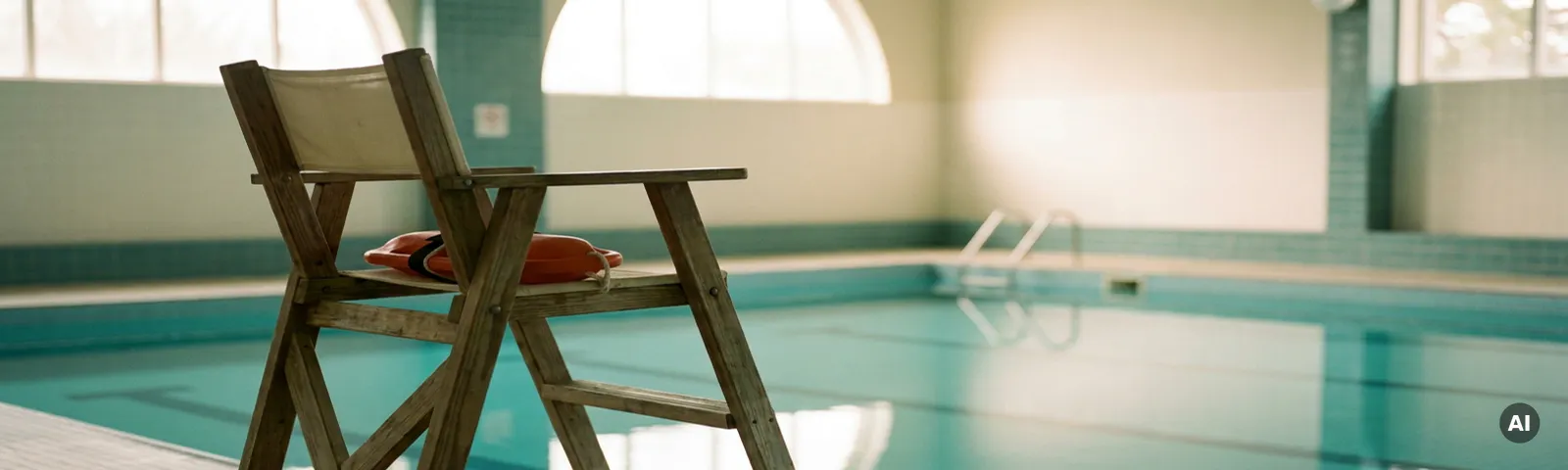 Leerer Rettungsschwimmer-Stuhl mit aufgerolltem Rettungsring an einem ruhigen Hallenbad mit türkisfarbenem Wasser.