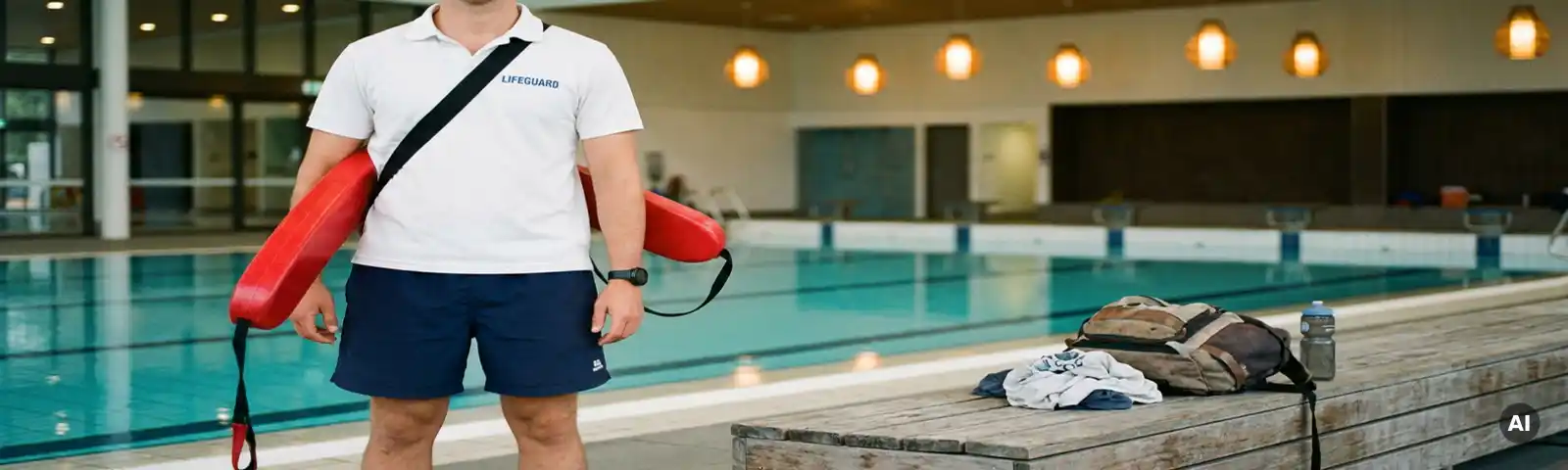 Rettungsschwimmer in Uniform mit rotem Rettungsring am Beckenrand eines modernen Hallenbades, türkisfarbenes Wasser im Hintergrund.