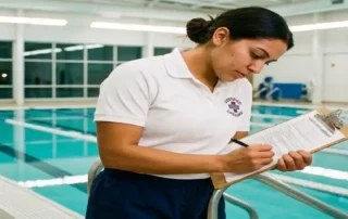 Rettungsschwimmer in weißem Polo prüft Vertragsdokument auf Klemmbrett am Rand eines Hallenbades mit türkisblauem Wasser.