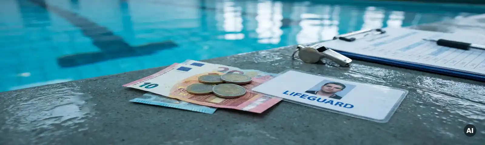 Euro-Scheine und Münzen neben einem Rettungsschwimmer-Ausweis auf nassem Beckenboden, Pfeife und Dienstplan im Hintergrund.