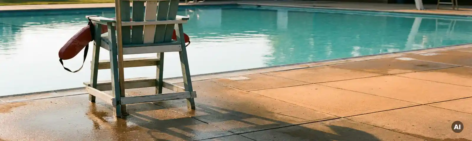 Leerer Rettungsschwimmer-Stuhl mit hängendem Rettungsring an einem sonnigen öffentlichen Schwimmbad mit türkisem Wasser.