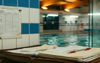 Laminierter Dienstplan an der Wand eines Hallenbads, roter Stift auf geöffnetem Ordner mit Schichtplänen, türkisblaues Schwimmbecken im Hintergrund.
