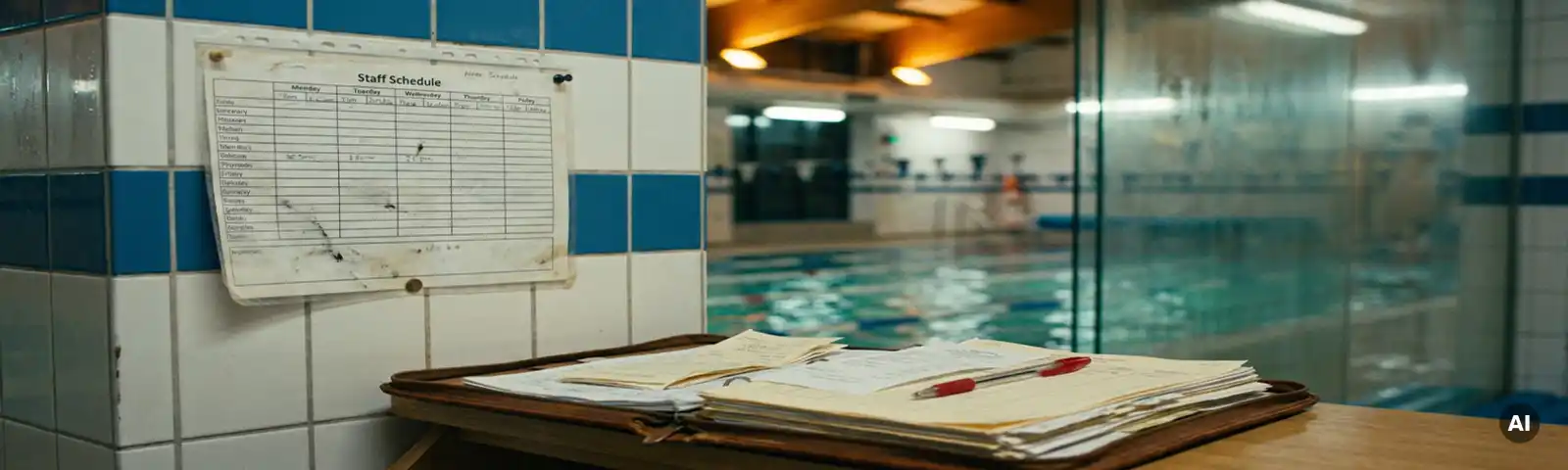 Laminierter Dienstplan an der Wand eines Hallenbads, roter Stift auf geöffnetem Ordner mit Schichtplänen, türkisblaues Schwimmbecken im Hintergrund.