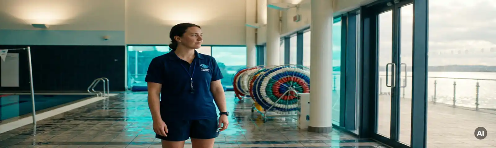 Aquatik-Fachkraft in marineblauer Uniform steht selbstbewusst am Beckenrand einer modernen Hallenschwimmhalle mit türkisfarbenem Wasser.