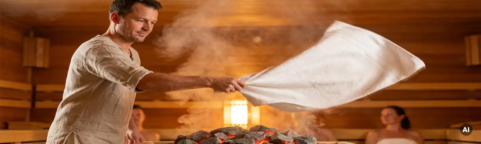 Sauna-Aufgussmeister schwingt weißes Handtuch über glühende Saunasteine, Dampf steigt auf, warme Zedernholzwände im Hintergrund.