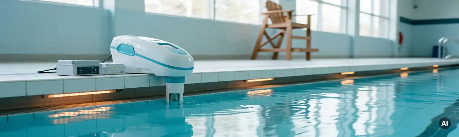 Automatisches Pool-Wassertest-Gerät am Rand eines leeren Hallenbades mit türkisblauem Wasser und warmem Umgebungslicht.