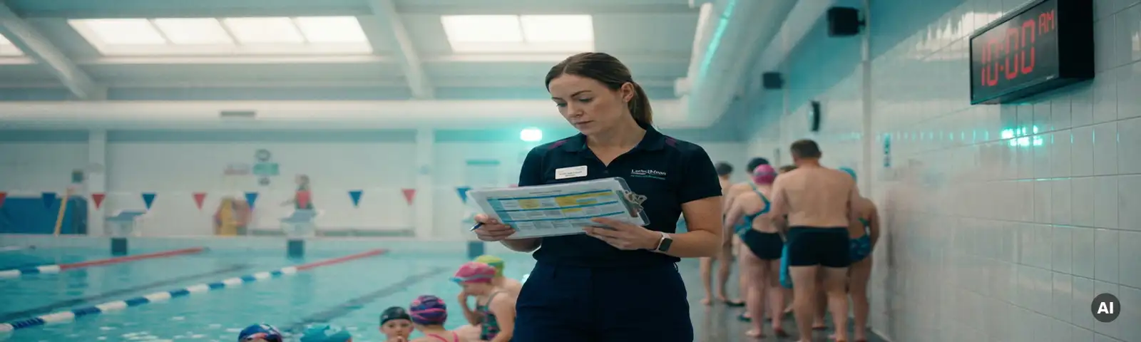 Hallenbad-Manager in Uniform prüft Wochenplan am Beckenrand, Schwimmkappen und Bahnenteiler im Hintergrund, aquamarines Wasser.