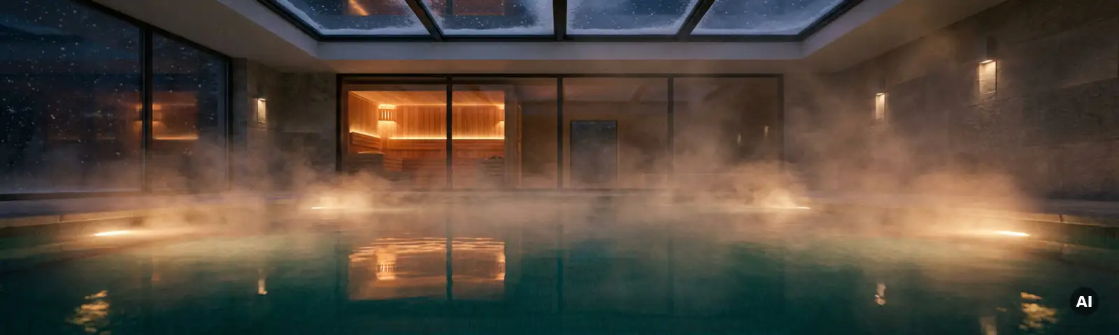 Dampfendes Hallenbad mit türkisem Wasser, Sauna aus Zedernholz hinter Glaswand, Winterdunkel an Oberlichtern.