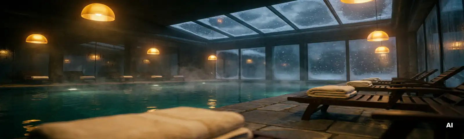 Beheiztes Hallenbad mit dampfendem türkisfarbenem Wasser, goldenem Licht und verschneiten Oberlichtern im Winter, Holzliegen poolseitig.