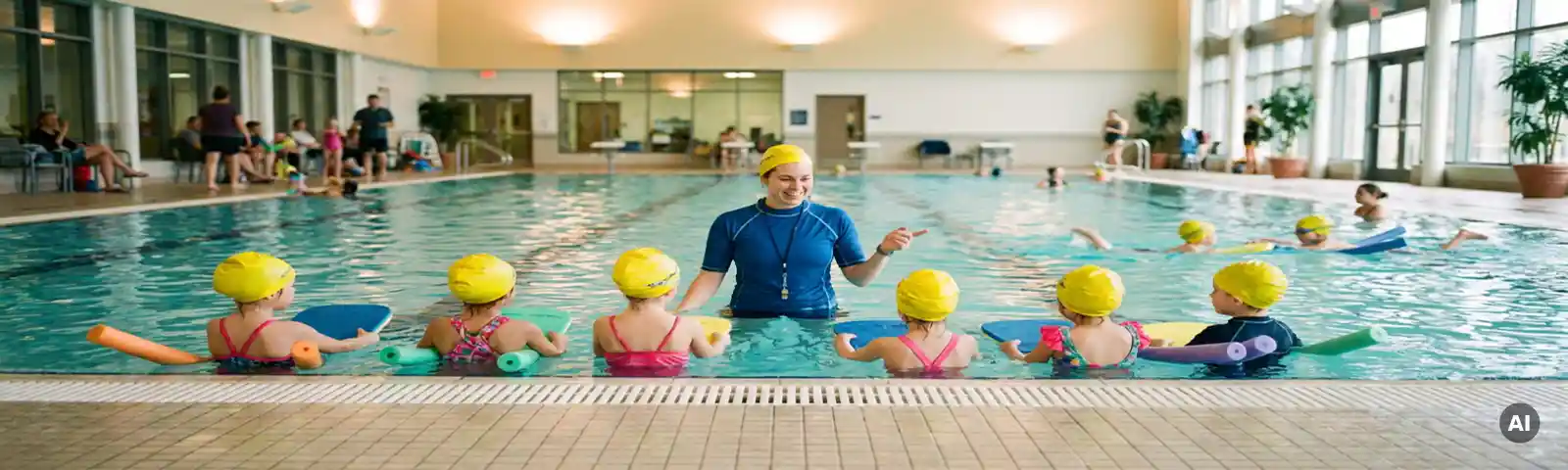 Schwimmlehrer leitet Kinderschwimmkurs in hellem Hallenbad, Kinder mit gelben Bademützen üben in türkisfarbenem Wasser.