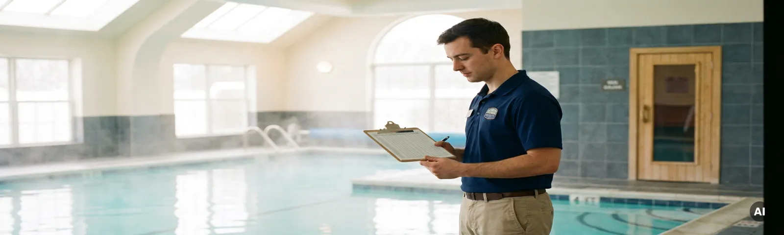 Bademeister in sauberer Uniform prüft Dienstplan am Beckenrand eines Hallenbades mit aufsteigendem Wasserdampf und Saunatür im Hintergrund.