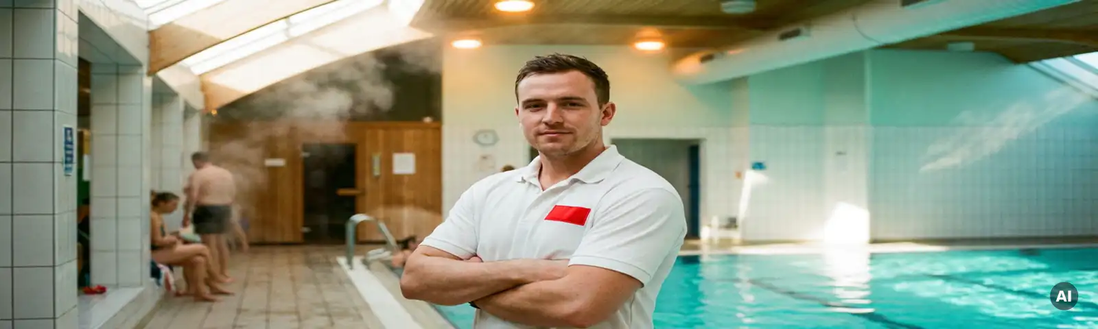 Rettungsschwimmer in weißem Polo-Shirt am Beckenrand einer Hallenbad-Anlage mit Holzsaunatür und türkisfarbenem Wasser.