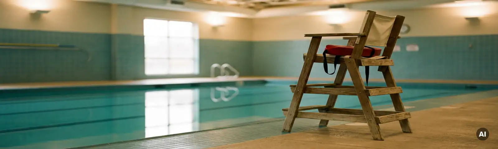 Leerer Rettungsschwimmer-Stuhl mit aufgerolltem Rettungsring neben einem ruhigen Hallenbad mit türkisfarbenem Wasser.