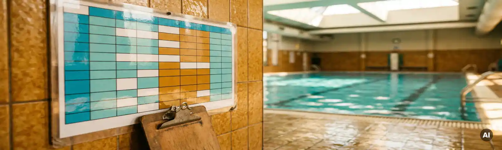 Farbkodierter Wochenbelegungsplan laminiert am Beckenrand eines Hallenbades, Klemmbrett des Badewächters angelehnt, türkisfarbenes Wasser im Hintergrund.
