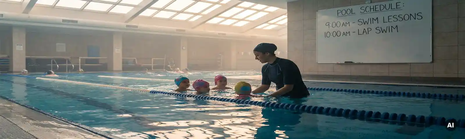 Schwimmlehrer begleitet Kindergruppe in einer markierten Hallenbad-Bahn, Stundenplan an gekachelter Wand im Hintergrund.