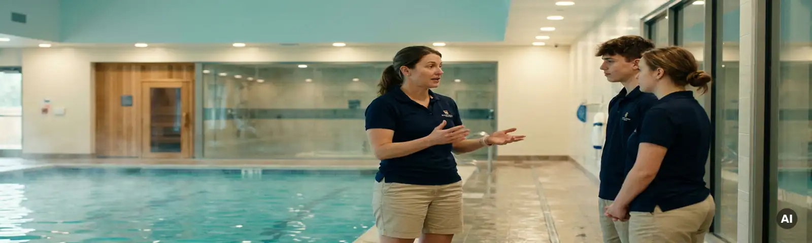 Schwimmlehrer in marineblauem Polo koordiniert mit zwei Bademeistern auf glänzendem Hallenbaddeck, Dampf über türkisfarbenem Wasser.