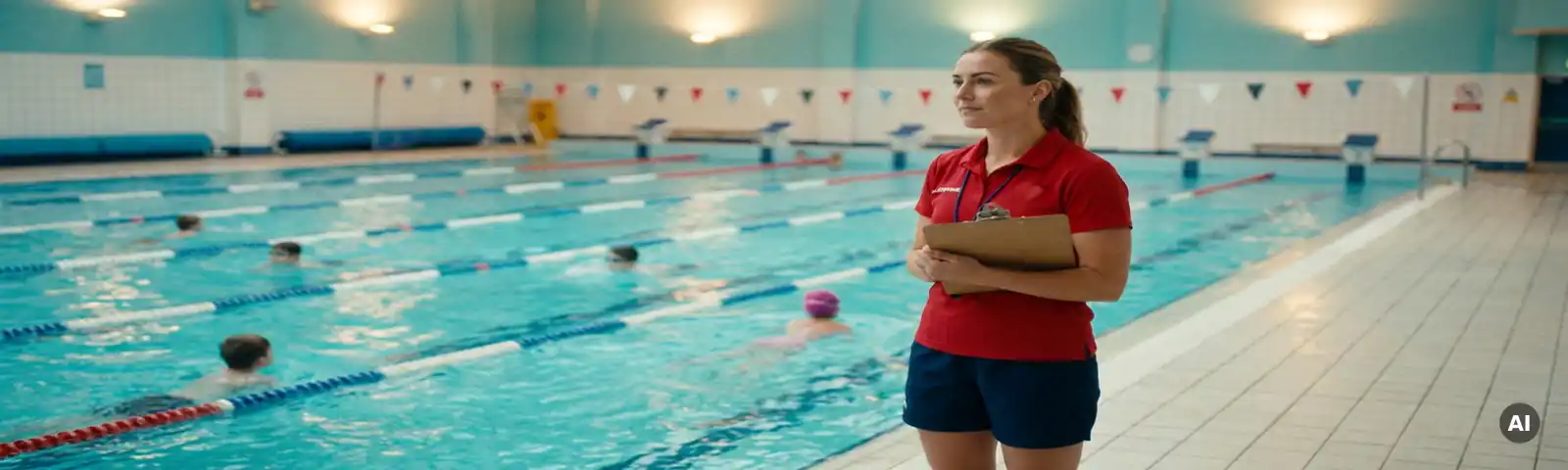 Schwimmlehrer in roter Rettungsschwimmer-Uniform mit Klemmbrett am Beckenrand einer Hallenschwimmhalle mit türkisfarbenem Wasser.