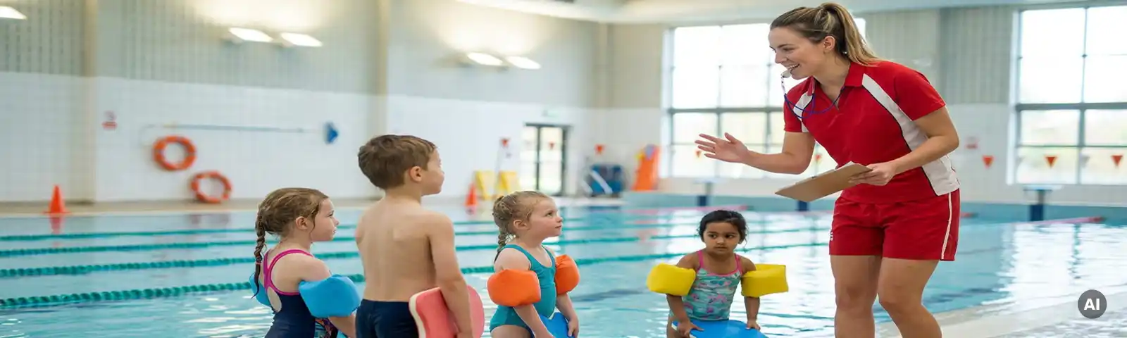 Schwimmlehrer in Rettungsschwimmer-Ausrüstung mit Klemmbrett unterrichtet Kindergruppe am Beckenrand einer Hallenschwimmhalle.