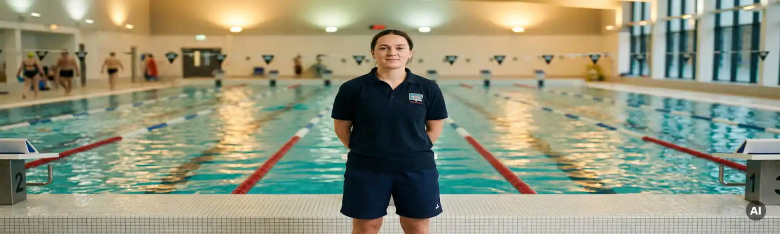 Zertifizierter Bademeister in Marineblau steht am Rand eines Hallenbades mit türkisfarbenem Wasser, Startblöcken und Bahnenleinen.